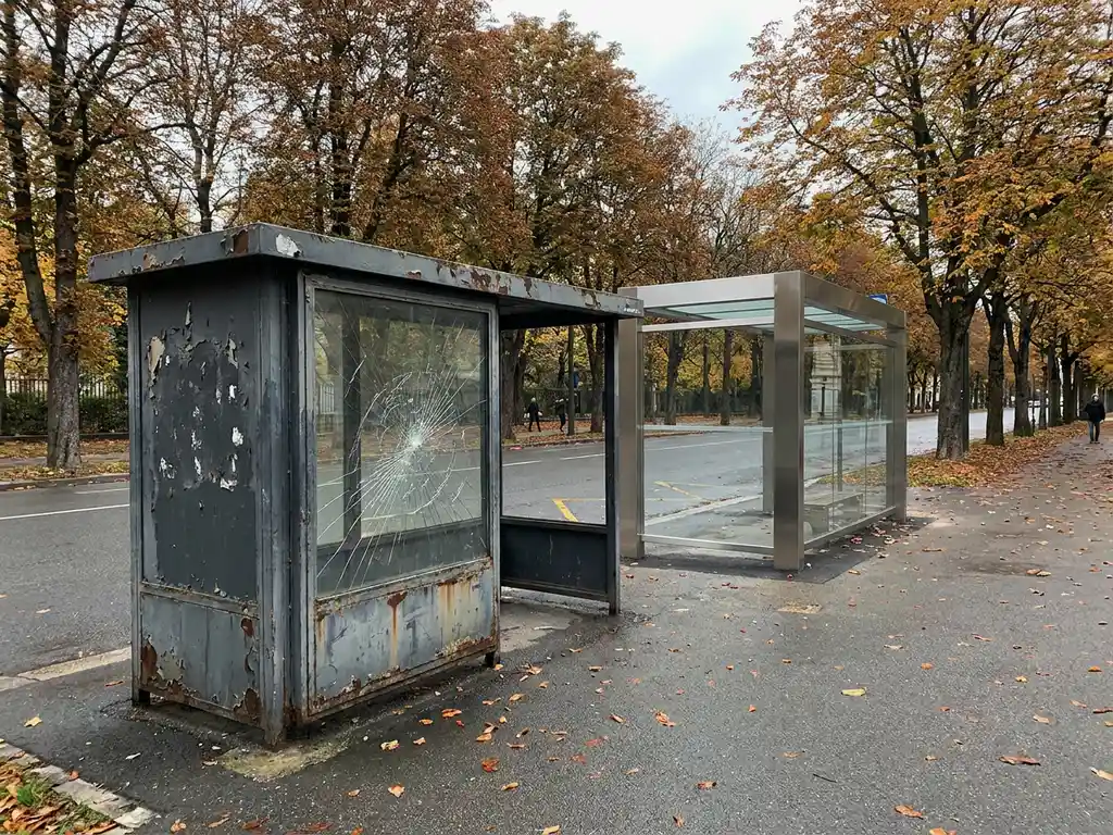 Verwitterte Bushaltestelle mit abblätternder Farbe neben moderner Stahl-Glas-Haltestelle auf ruhiger Stadtstraße im Herbst.