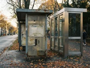 Verwitterte, verrostete Bushaltestelle neben moderner Stahl-Glas-Haltestelle auf ruhiger Stadtstraße, Herbstblätter auf dem Gehweg.