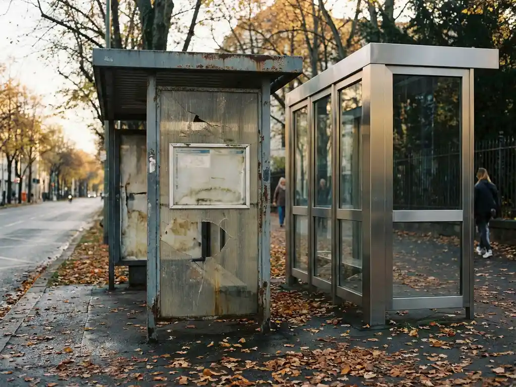 Verwitterte, verrostete Bushaltestelle neben moderner Stahl-Glas-Haltestelle auf ruhiger Stadtstraße, Herbstblätter auf dem Gehweg.