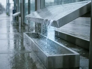 Regenwasser fließt vom Aluminiumdach einer Bushaltestelle in eine Edelstahlrinne, nasses Betonpflaster im Hintergrund.