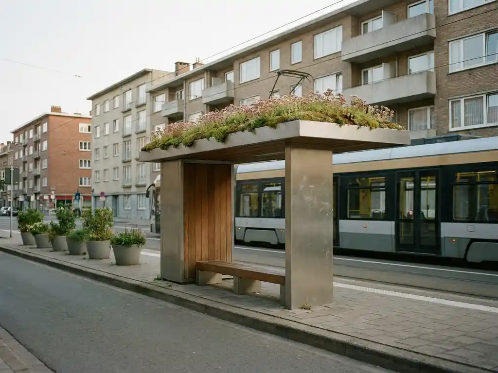 Moderne Bushaltestelle mit begrüntem Sedum-Dach auf einem städtischen Gehweg neben einer Straßenbahnhaltestelle.