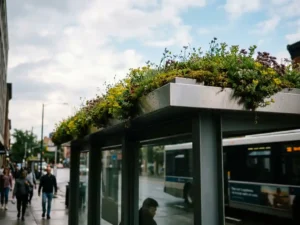 Begrüntes Sedum-Dach auf einem modernen Stahl-Glas-Wartehäuschen mit Wildblumen und Moos an den Aluminiumkanten, urbane Straßenszene.