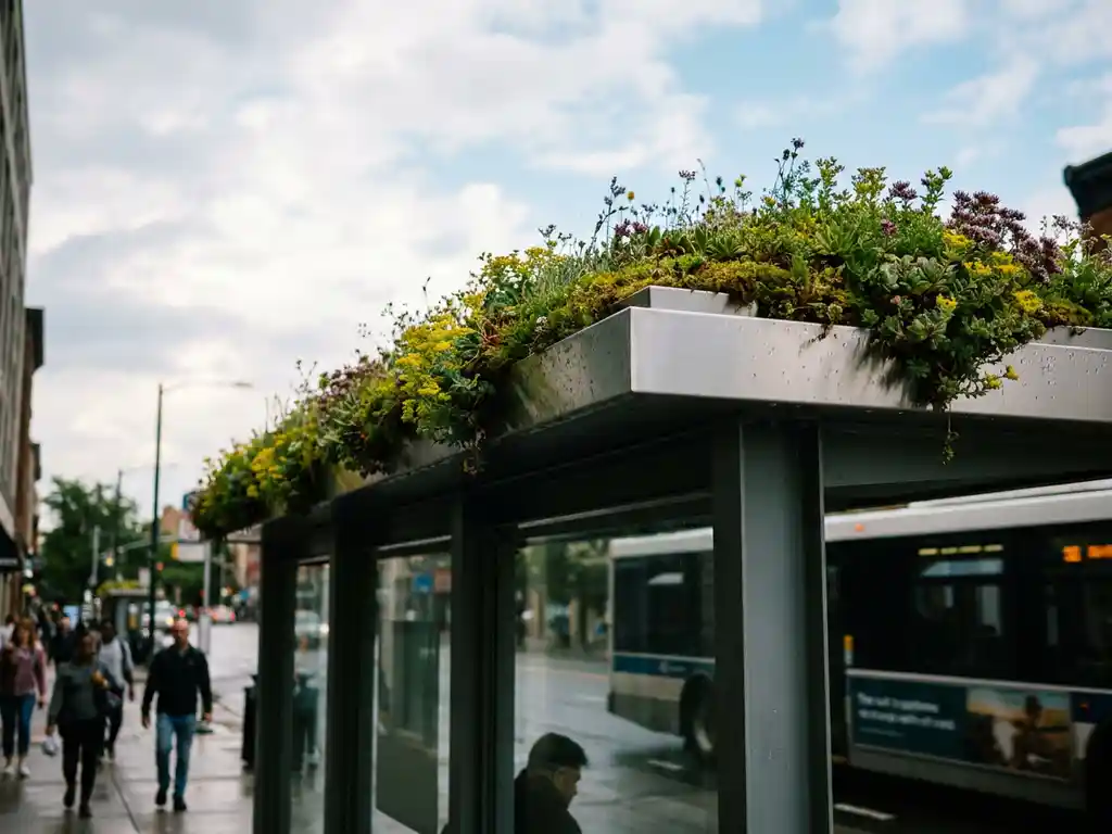 Begrüntes Sedum-Dach auf einem modernen Stahl-Glas-Wartehäuschen mit Wildblumen und Moos an den Aluminiumkanten, urbane Straßenszene.