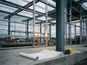 Modernes Busterminal im Bau mit Stahlrahmen, Architekturplan auf Beton, Schutzhelm und Messwerkzeug bei Betonsäulen.
