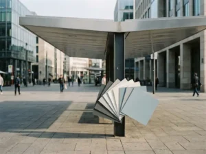Aluminium-Bushaltestelle auf urbanem Platz mit RAL-Farbfächer an Stahlstütze, Farbpalette in Anthrazit, Warmweiß und Hellblau.