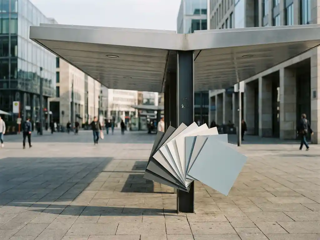 Aluminium-Bushaltestelle auf urbanem Platz mit RAL-Farbfächer an Stahlstütze, Farbpalette in Anthrazit, Warmweiß und Hellblau.
