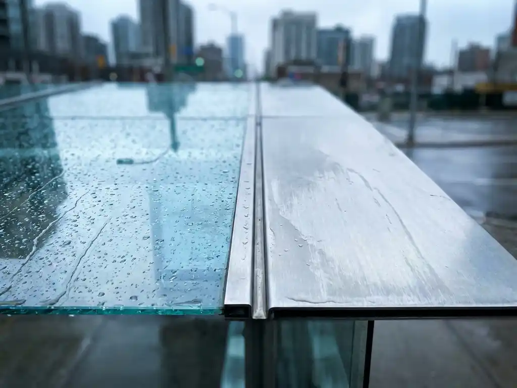 Nahaufnahme eines Bushaltestellen-Dachs mit Glasscheibe und gebürstetem Aluminiumpanel, Regentropfen auf dem Glas, bedeckter Stadthimmel.