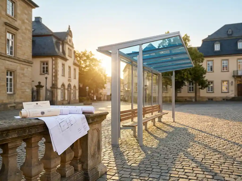 Modernes Bushaltestellen-Vordach aus Aluminium auf deutschem Stadtplatz mit Baugenehmigung und Architekturplan im goldenen Nachmittagslicht.