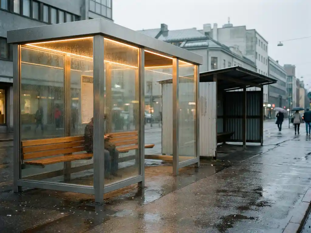 Modernes Glas-Stahl-Bushäuschen mit Beleuchtung neben einfachem Unterstand auf nassem Stadtpflaster bei bedecktem Himmel.