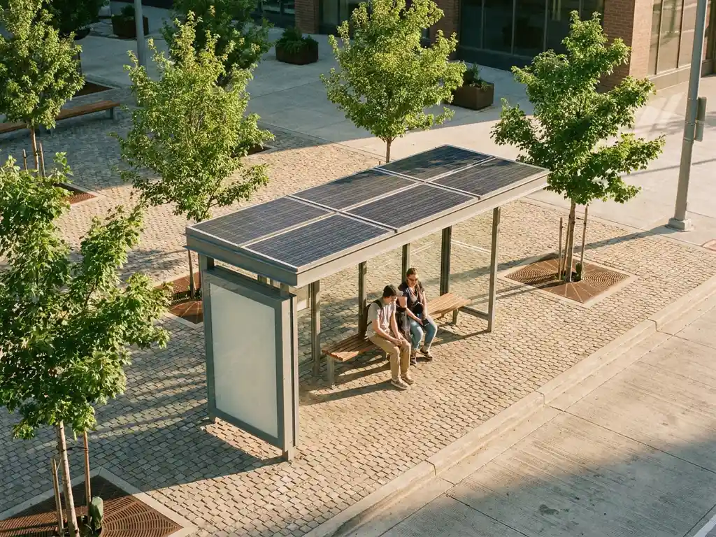 Modernes Bushäuschen mit Solarpanelen auf dem Dach, umgeben von jungen Bäumen und wasserdurchlässigem Pflaster in urbanem Umfeld.