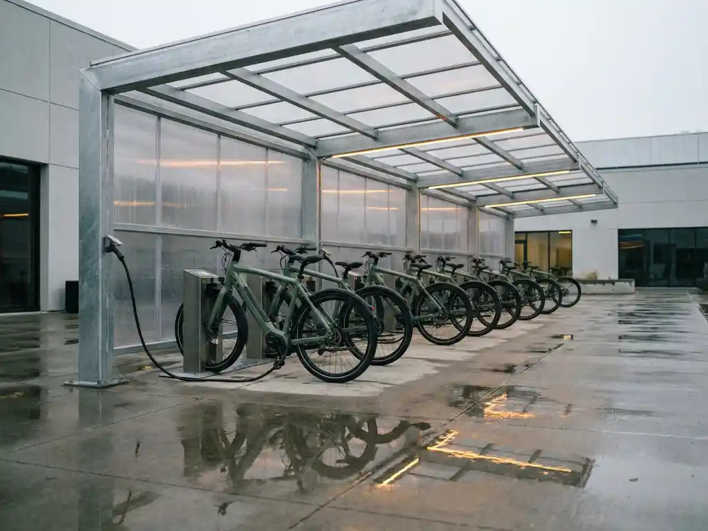 Überdachte E-Bike-Ladestation aus Aluminium mit angeschlossenen Ladekabeln in einem gewerblichen Innenhof bei bewölktem Tageslicht.