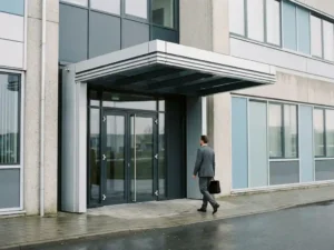 Aluminium-Vordach über modernem Glaseingang eines Bürogebäudes, Geschäftsmann im Anzug tritt darunter hindurch.