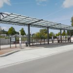 Überdachung System O mit Sitzbänken und Windschutzwänden