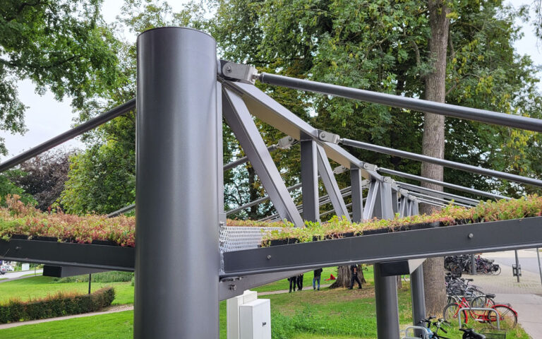 Freitragende Überdachung System O doppelzeilig mit Gründach