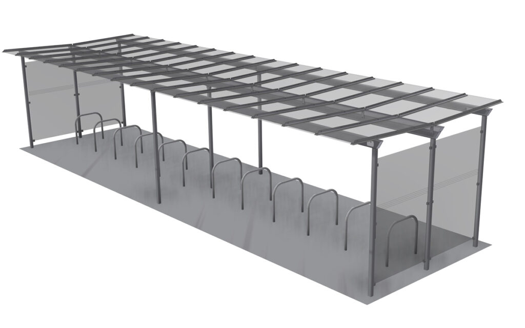 Fahrradüberdachung System X doppelzeilig 8-feldrig mit Seitenwänden