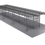 Fahrradüberdachung System X doppelzeilig 10-feldrig mit Seitenwänden und Dachüberstand