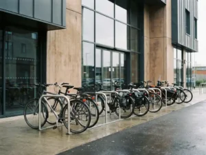Fahrradständer aus Stahl vor einem modernen Bürogebäude mit Glasfassade, vollständig mit Pendlerfahrrädern belegt.