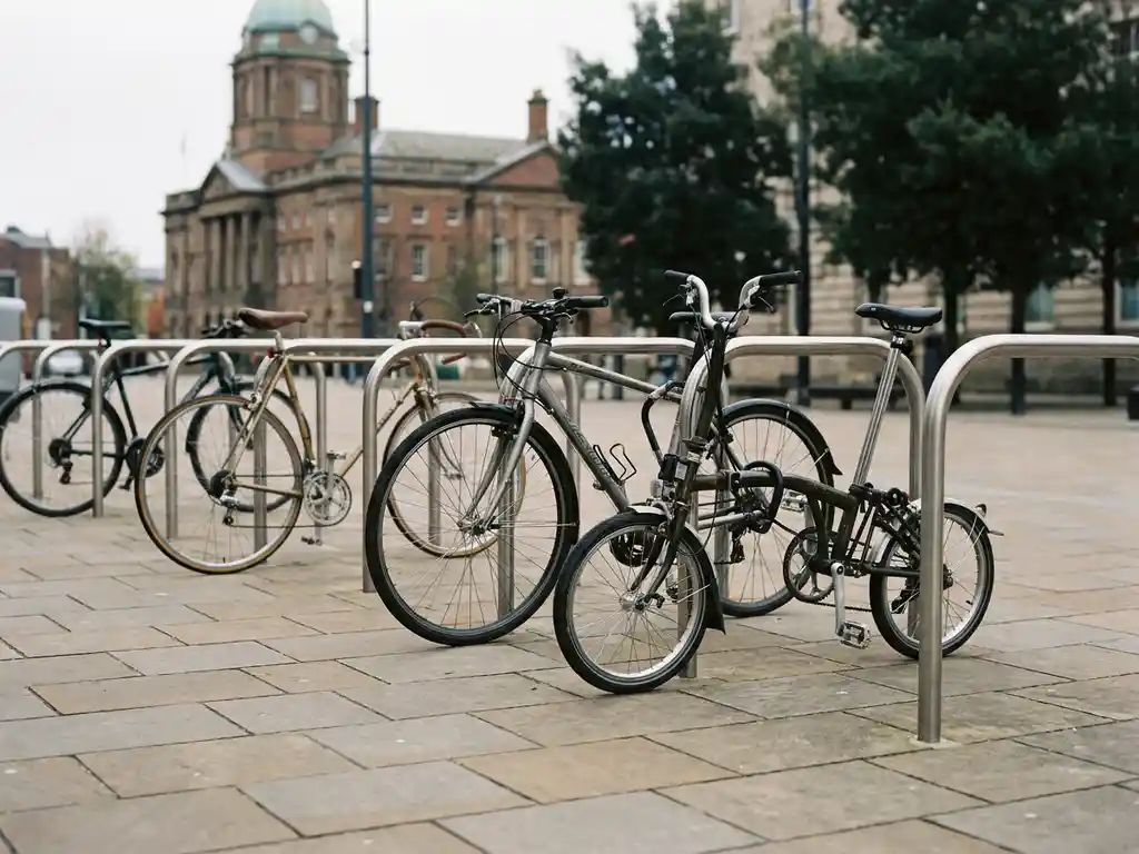 Fahrradständer aus Stahl auf einem städtischen Platz mit geparkten Fahrrädern, Pflastersteinboden und Rathaus im Hintergrund.