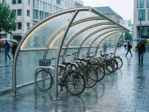 Aluminium-Fahrradunterstand mit gebogenem Dach schützt geparkte Fahrräder auf urbanem Pflasterplatz bei Regen.