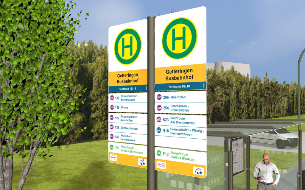 FLAG Zwillingsschilder an Haltestellen mit hohem Informationsbedarf