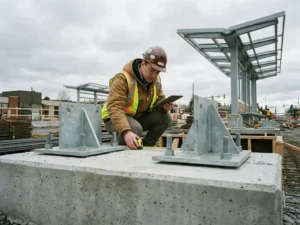 Bauingenieur untersucht Stahlgrundplatten und Schraubenverbindungen an einem frisch gegossenen Betonfundamentanker einer Bushaltestelle.