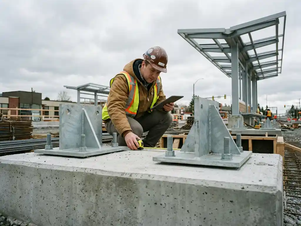 Bauingenieur untersucht Stahlgrundplatten und Schraubenverbindungen an einem frisch gegossenen Betonfundamentanker einer Bushaltestelle.