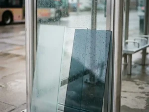 Drei Glasscheiben – mattiert, klar und getönt – lehnen an einem modernen Aluminium-Bushaltestellenrahmen mit Regentropfen bei bewölktem Tageslicht.