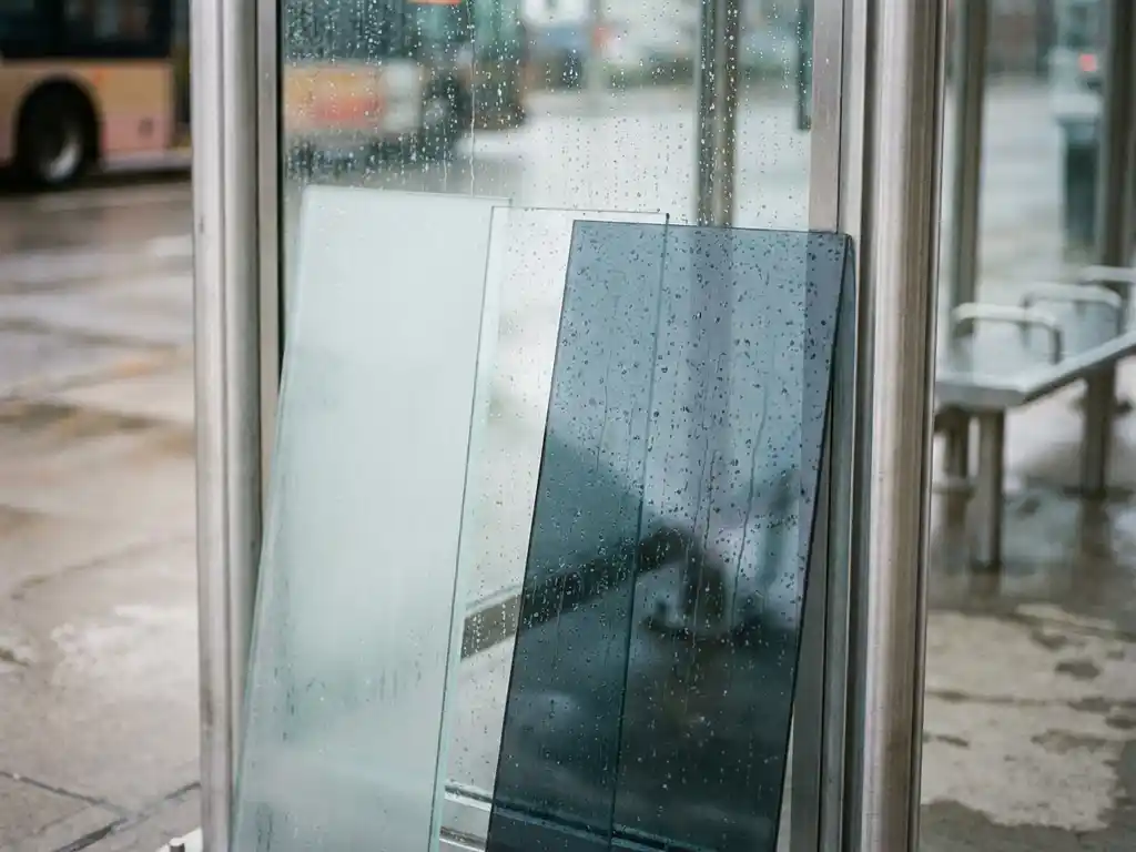 Drei Glasscheiben – mattiert, klar und getönt – lehnen an einem modernen Aluminium-Bushaltestellenrahmen mit Regentropfen bei bewölktem Tageslicht.