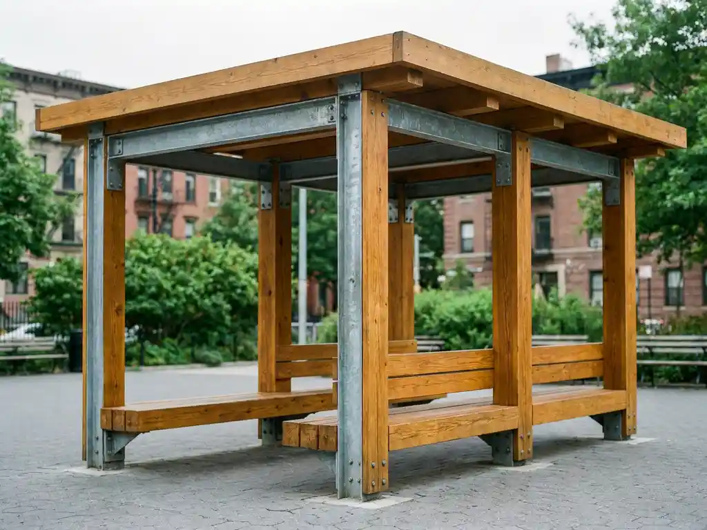 Holzunterstand mit verzinktem Stahlrahmen und Holzbohlen auf Metallpfosten in urbaner Außenumgebung bei bewölktem Tageslicht.