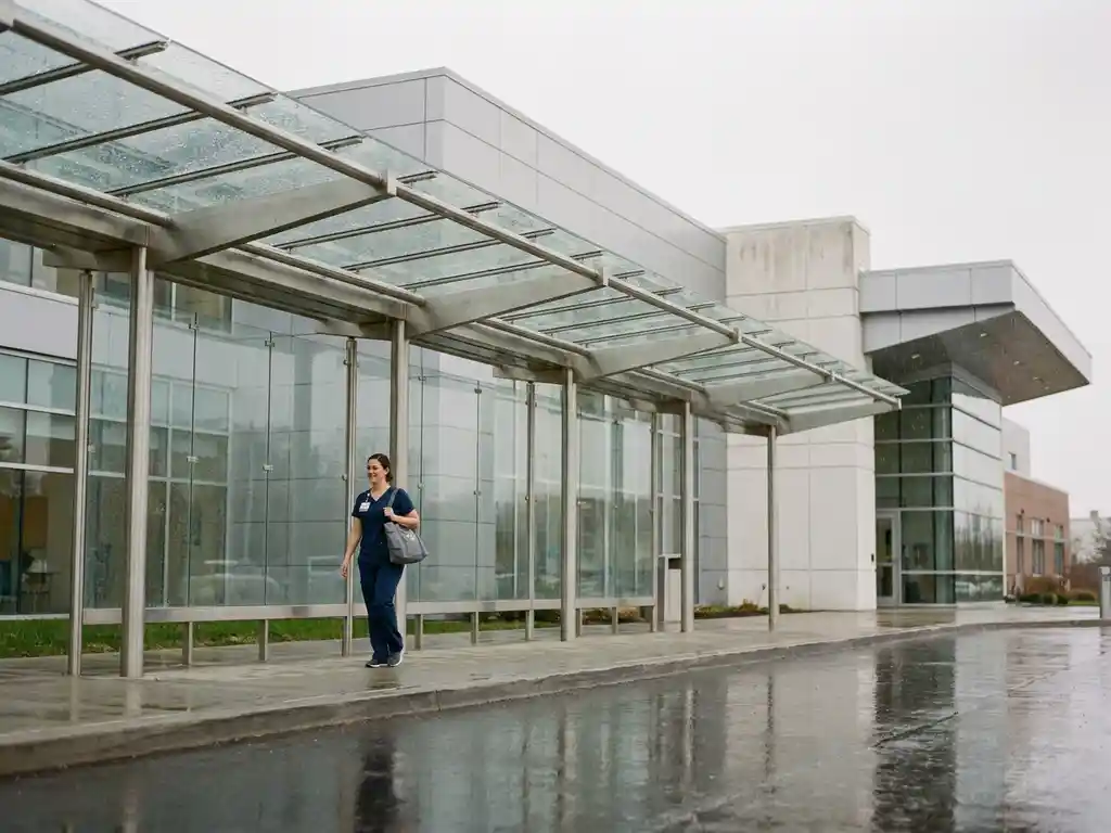 Krankenschwester in Scrubs geht unter einem Stahl-Glas-Vordach am Krankenhauseingang bei leichtem Regen entlang.