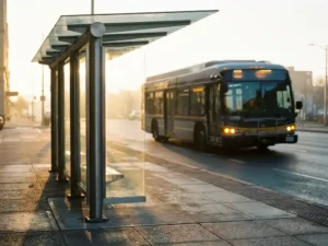 Moderne Bushaltestelle mit Glasdach und Stahlrahmen im Morgenlicht, herannahender Bus im unscharfen Hintergrund.