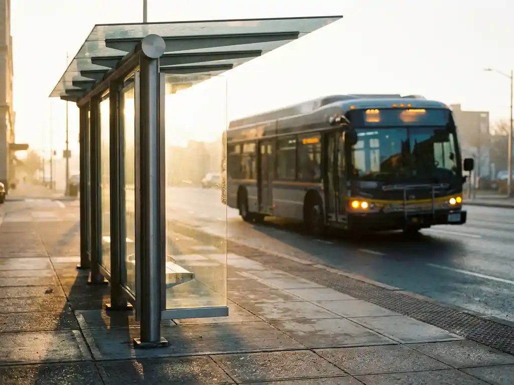 Moderne Bushaltestelle mit Glasdach und Stahlrahmen im Morgenlicht, herannahender Bus im unscharfen Hintergrund.