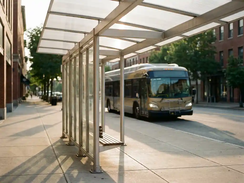 Modernes Bushäuschen mit Polycarbonat-Dach und Aluminiumrahmen auf städtischem Gehweg, Stadtbus nähert sich im Hintergrund.
