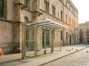 Modernes Glas-Stahl-Buswartehäuschen neben historischem Sandsteingebäude mit Ornamentfassade auf gepflastertem Platz im Abendlicht.