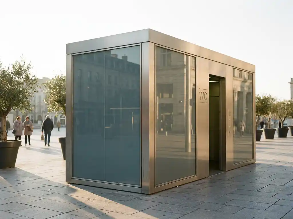 Moderne öffentliche Toilettenanlage aus Stahl und Glas auf einem sonnigen Stadtplatz mit langen Morgenschatten.