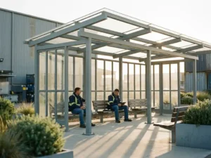 Zwei Arbeiter pausieren unter einem Stahl-Glas-Vordach im Außenbereich eines Industriebetriebs, warmes Nachmittagslicht wirft geometrische Schatten.