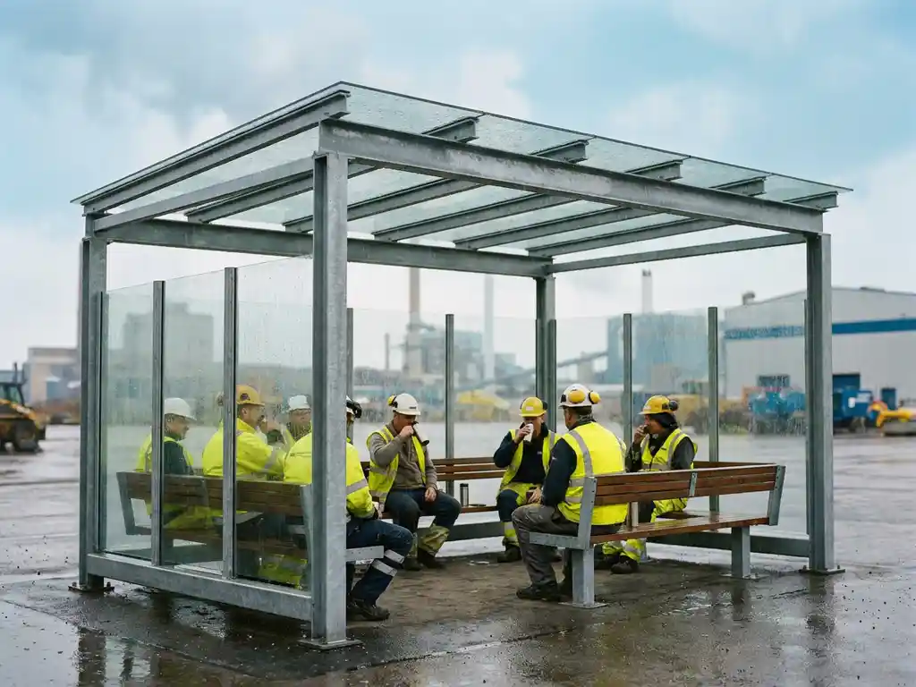 Arbeiter in Warnwesten sitzen unter einem Stahl-Glas-Pausenunterstand im Regen, Industrieanlage im Hintergrund.