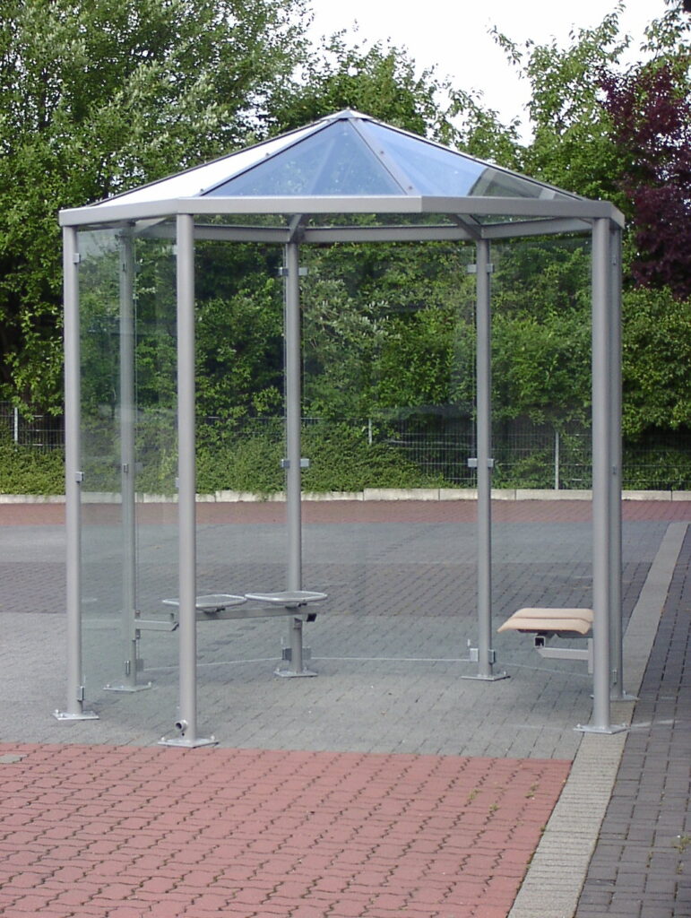 Pavillon mit optionaler Seitenwandverglasung o. Dekor, Drahtgittersitz und Holzsitz WOOD-I