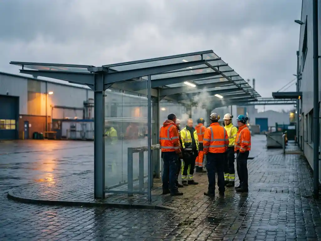 Raucherpavillon aus Stahl und Glas an einem Industriehof mit Arbeitern in Warnwesten auf nassem Kopfsteinpflaster.