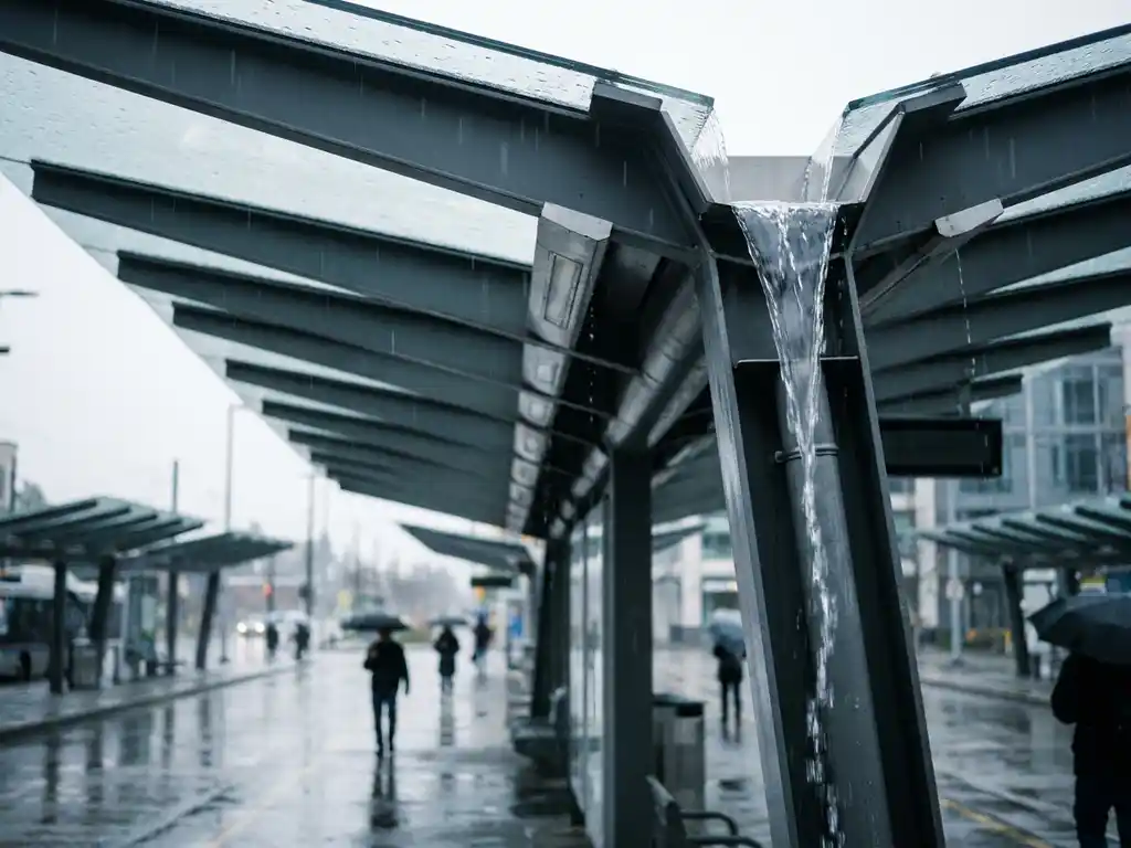 Aluminiumrinnen einer Bushaltestellen-Überdachung leiten Regenwasser in ein Fallrohr, Blick von unten auf das Stahl-Glas-Vordach bei starkem Regen.