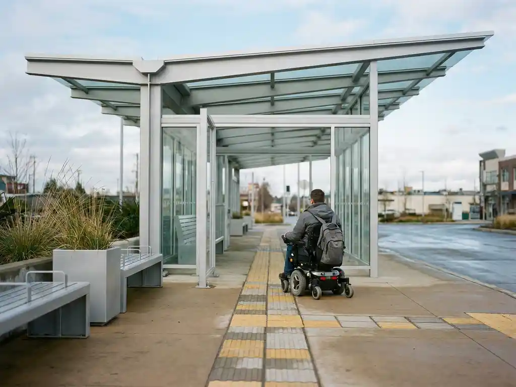 Rollstuhlfahrer nähert sich einer modernen, barrierefreien Bushaltestelle mit taktilen Bodenleitsystemen aus Aluminium und Glas.