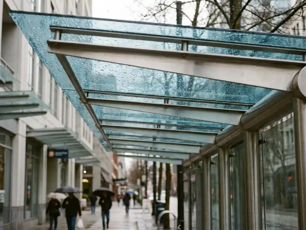 Laminiertes Sicherheitsglas-Vordach einer modernen Bushaltestelle mit Regentropfen, Stahlrahmen und blaugrüner Tönung bei bewölktem Tageslicht.