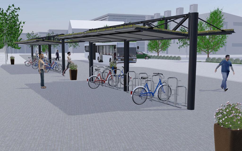 Fahrradüberdachung Typ O doppelzeilig mit Gründach