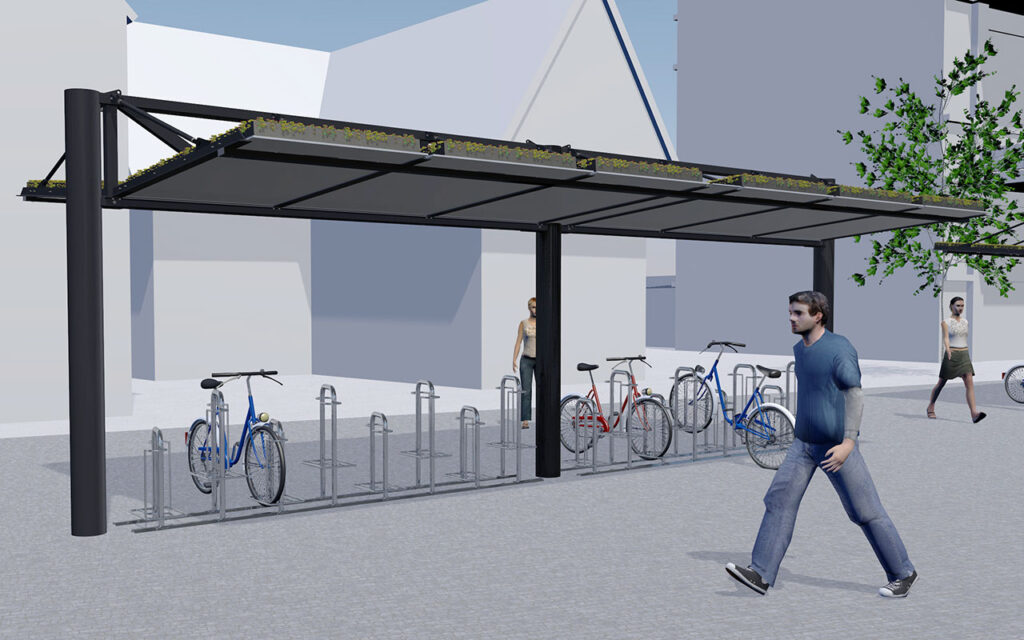 Fahrradüberdachung Typ O mit Pultdach und Dachbegrünung