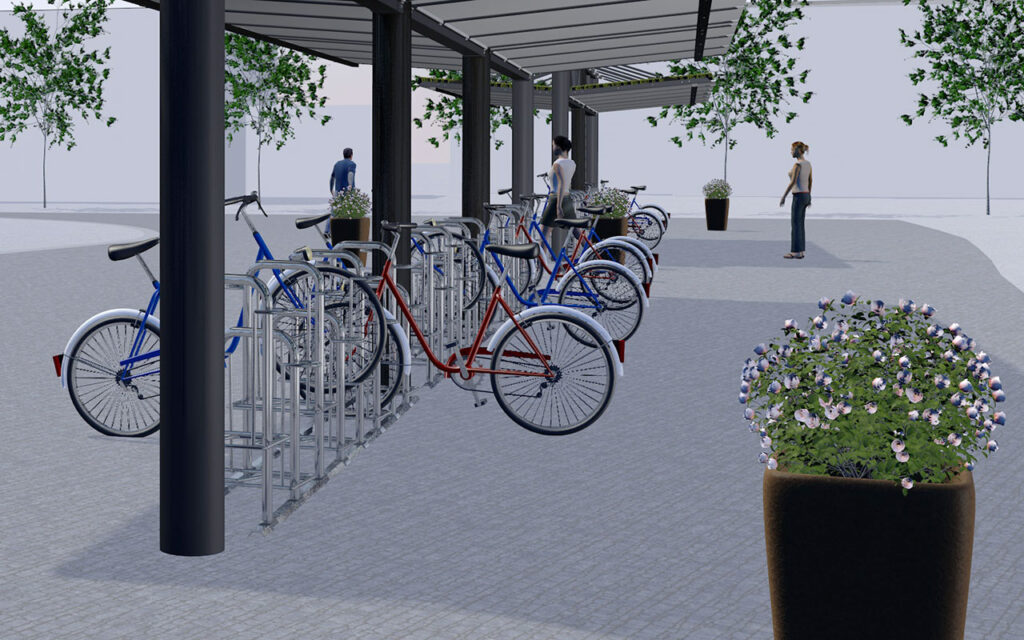 Überdachung Typ O (doppelzeilig) mit Dacheindeckung in Aluminiumblech und vorbepflanztem Gründach