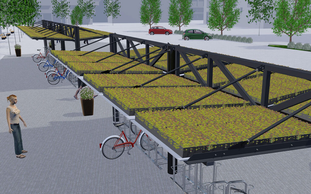 Vorbepflanztes Gründach (Sedummischung) der Fahrradüberdachung System O doppelzeilig
