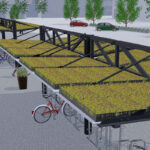 Vorbepflanztes Gründach (Sedummischung) der Fahrradüberdachung System O doppelzeilig