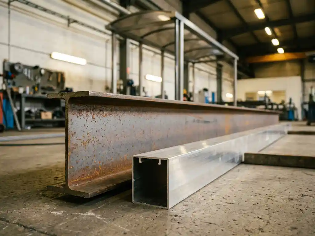 Stahl-I-Träger mit Rostpatina und eloxiertes Aluminiumprofil auf Betonboden, im Hintergrund ein Bushaltestellen-Vordach in Montage.