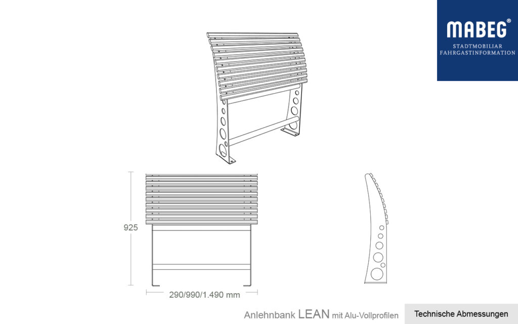 Abmessungen Anlehnstützbank LEAN mit Alu-Vollprofilen