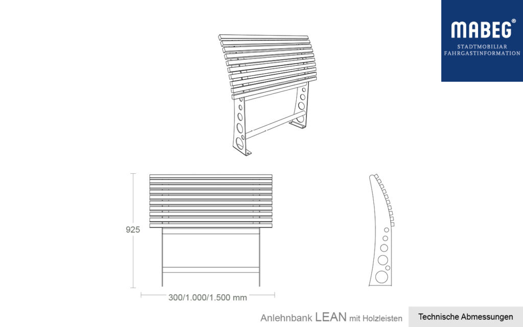 Abmessungen Anlehnstützbank LEAN mit Holzleisten